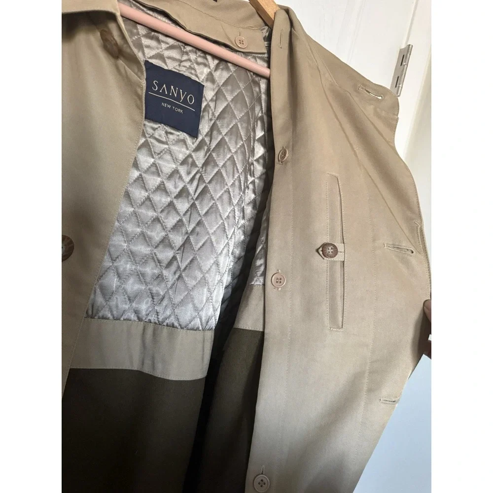 Mens Sanyo Khaki Belt Trench Coat Size R40 Wool Liner Minimalist Luxury - Picture 5 of 9